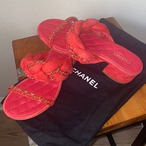 Chanel Red suede braided gold chain block mule sandals
